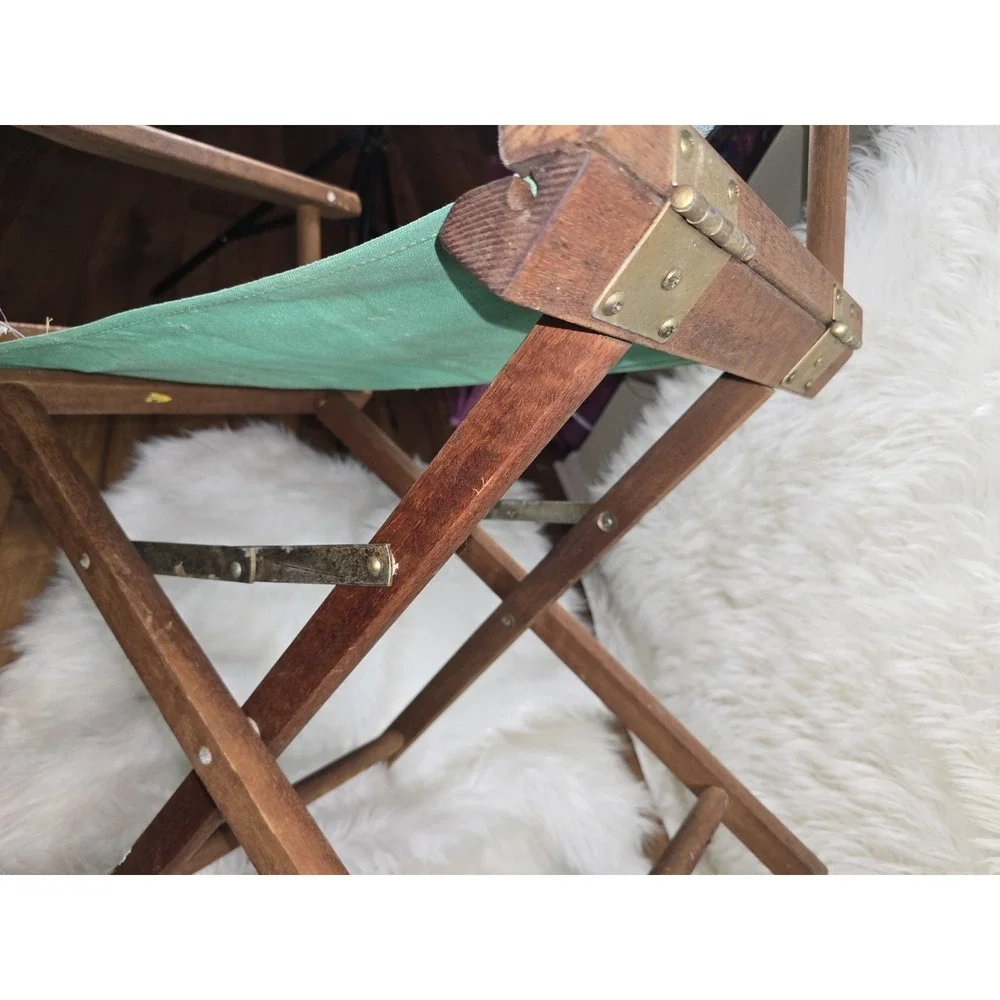 Vintage Directors Chair Green Canvas Natural Wood Table Height Foldable OLD!!!